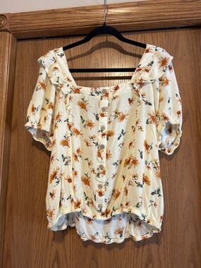 Maurice’s Floral Button-Front Puff Sleeve Top - Cream with Orange Flowers